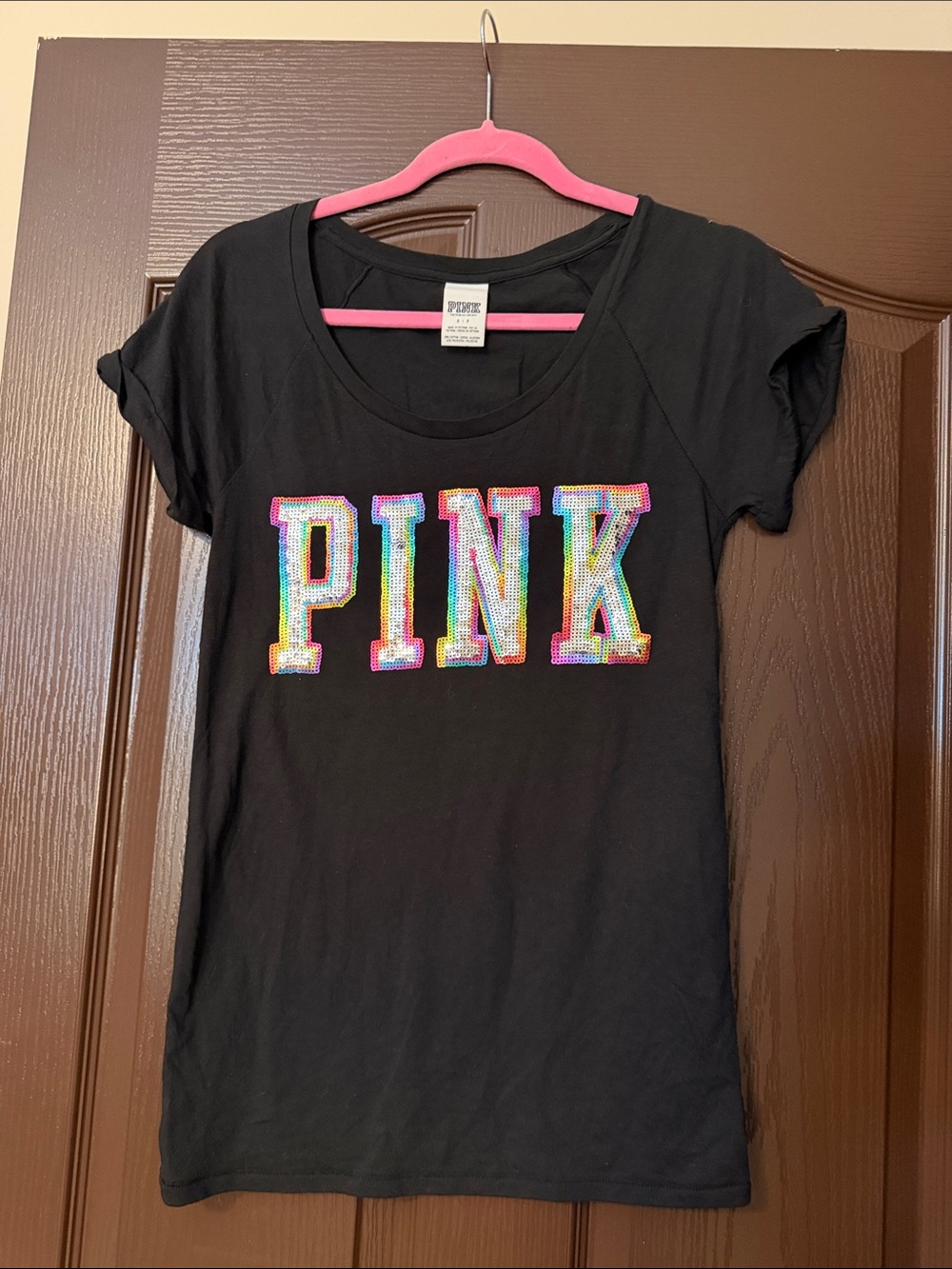 Victoria's Secret PINK Black Tee with Multicolor Sequin Logo